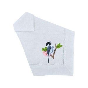 Guardanapo Linho Branco Ponto Ajour Bordado Passarinho Cinza 50x50 cm