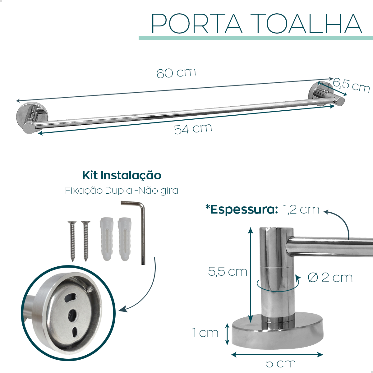 Porta Toalha de Banho 60cm Toalheiro Inox Cromado Barra Simples Suporte Parede Acessório Banheiro - 4