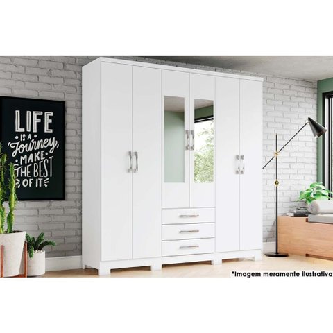 Guarda Roupa Casal 6 Portas e 3 Gavetas C/ Espelho e Pés Caju Da136 Branco - Henn