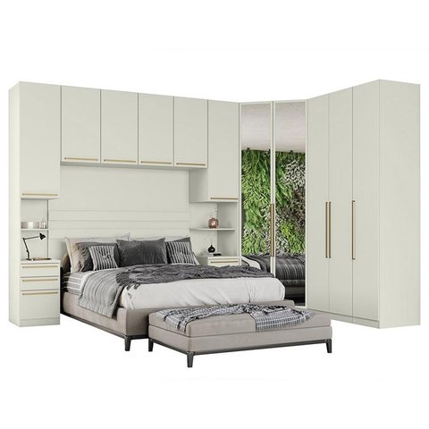 Quarto Modulado Casal Seletto 6 Peças Closet Areia com Espelho - Móveis Henn