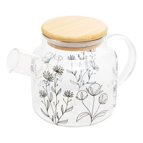 Chaleira de Vidro com Tampa de Bambu Flor 600ml