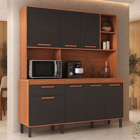 Cozinha Compacta 7 Portas 1 Gaveta 180cm com Nicho Dunas Itatiaia Marrom/Cinamomo/Grafite Intenso