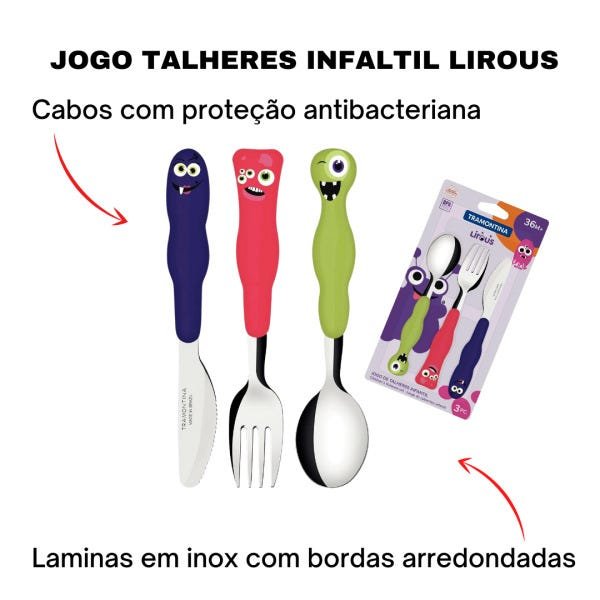 Jogo De Talheres Infantil Tramontina Colorido 3 pcs Inox Lirous Monstrinhos: Verde - 2