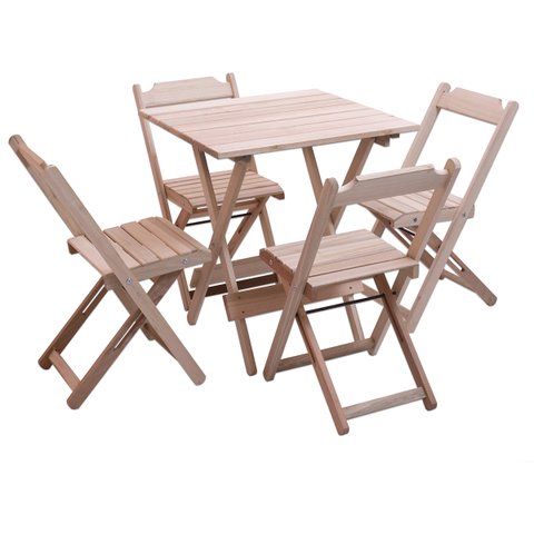Conjunto Dobrável de Mesa 70x70 com 1 Mesa e 4 Cadeiras em Madeira Eucalipto sem Pintura Marcenaria