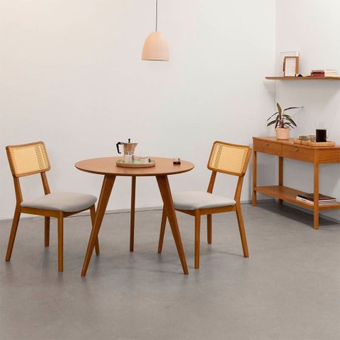 Conjunto Mesa de Jantar Square Laminada Tripé Redonda Natural - 88cm + 2 Cadeiras Lalá Encosto Palha