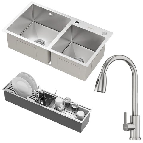 Kit Cuba Dupla Nápoles Aço Inox 304 Calha Oragnizadora Aço Inox e Torneira Roma Aço Inox Goldenx