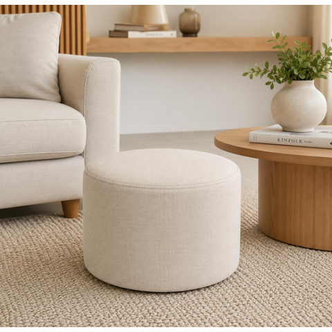 Puff Decorativo Redondo Orgânico Linho Bege 52x37 cm