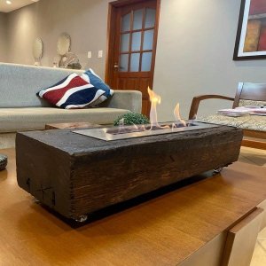 Lareira Ecológica no Dormente com Rodinhas e Queimador em Inox - 1m x 22 cm - Cabulco