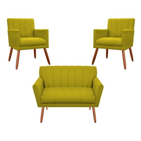 Kit Namoradeira + 2 Poltronas Decorativa Cecília Couro Amarelo Pés Madeira Ms Decor