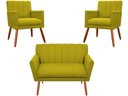 Ver imagem 1 de Kit Namoradeira + 2 Poltronas Decorativa Cecília Couro Amarelo Pés Madeira Ms Decor