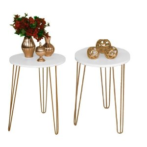 Kit Mesa Mesinha de Canto Apoio e Lateral Redonda Tampo MDF 45cm Pé Metal Rosê Hairpin 60cm