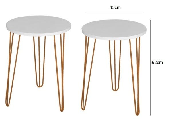 Kit Mesa Mesinha de Canto Apoio e Lateral Redonda Tampo MDF 45cm Pé Metal Rosê Hairpin 60cm - 3