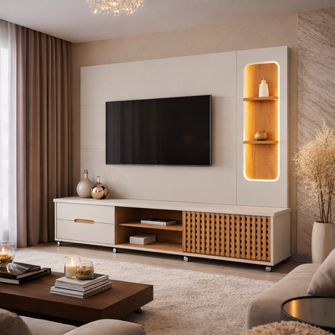 Estante Home 2,10m Lukaliam Móveis para TV até 70 Polegadas com LED no Nicho 1 Porta Correr Ripado