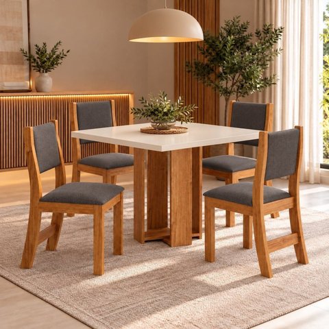 Conjunto Sala de Jantar 4 Lugares Mesa Quadrada Tampo de MDP Jady
