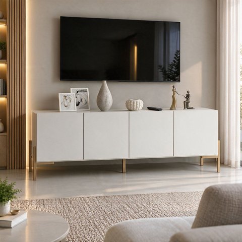 Rack Sala 100% MDF para TV até 60 Polegadas com Pés em Metalon 164x54x40cm Branco Fosco