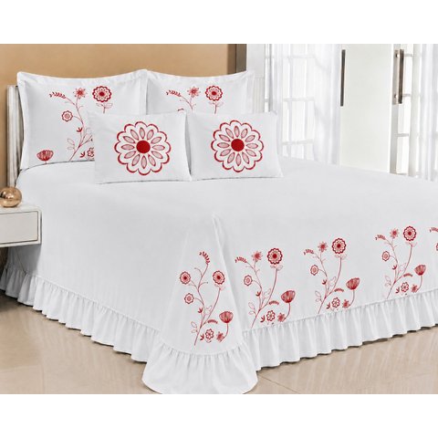 Kit Cobre Leito Casal Queen Encanto 07 Peças Bordado Colcha - Branco com Vermelho