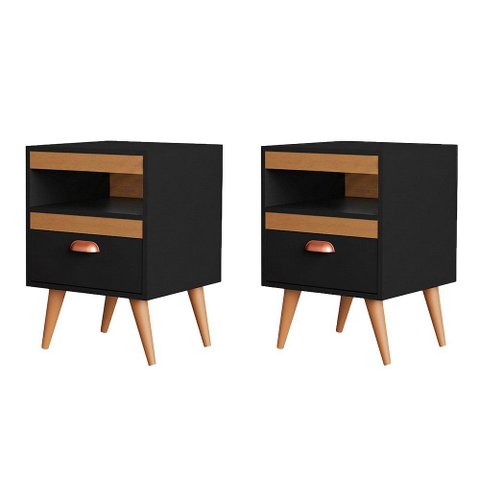 Kit 2 Mesa Cabeceira Sal Organizadora para Quarto Estilo Retrô com Gaveta - Preto/Naturale