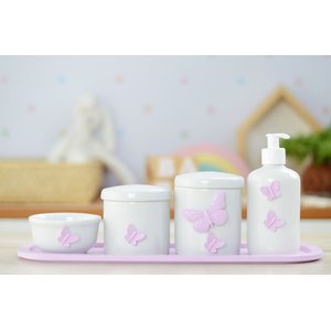 Kit Higiene Bebê Porcelana Borboleta Menina Lilás Quarto Bancada Banho Cuidados Recém Nascido K110