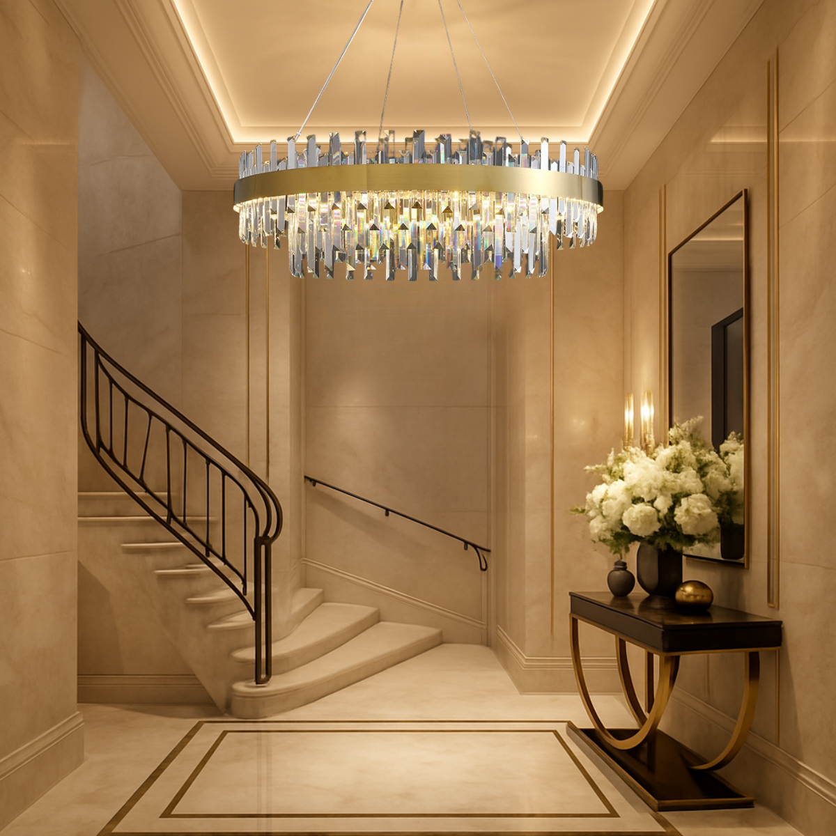 Ver imagem 4 de Lustre Pendente Teto 140cm X 100cm Led 3 Cores 164 Cristais Redondo Gimpo Kjdd-l-405-100cm