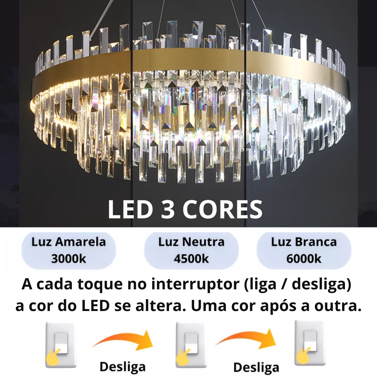 Ver imagem 6 de Lustre Pendente Teto 140cm X 100cm Led 3 Cores 164 Cristais Redondo Gimpo Kjdd-l-405-100cm