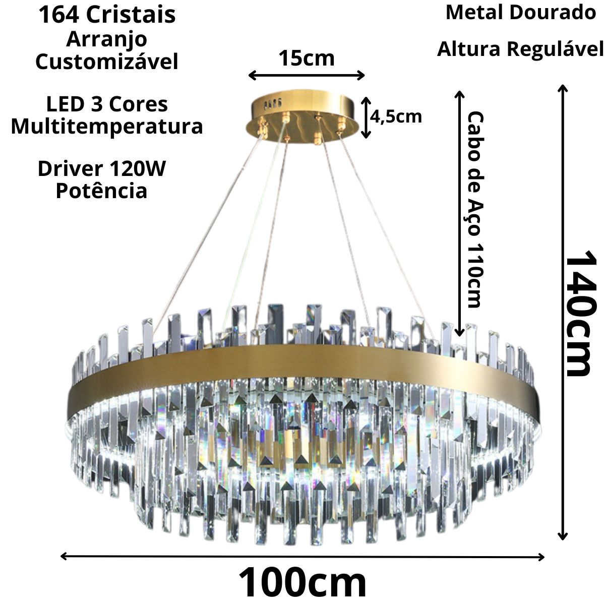 Ver imagem 5 de Lustre Pendente Teto 140cm X 100cm Led 3 Cores 164 Cristais Redondo Gimpo Kjdd-l-405-100cm