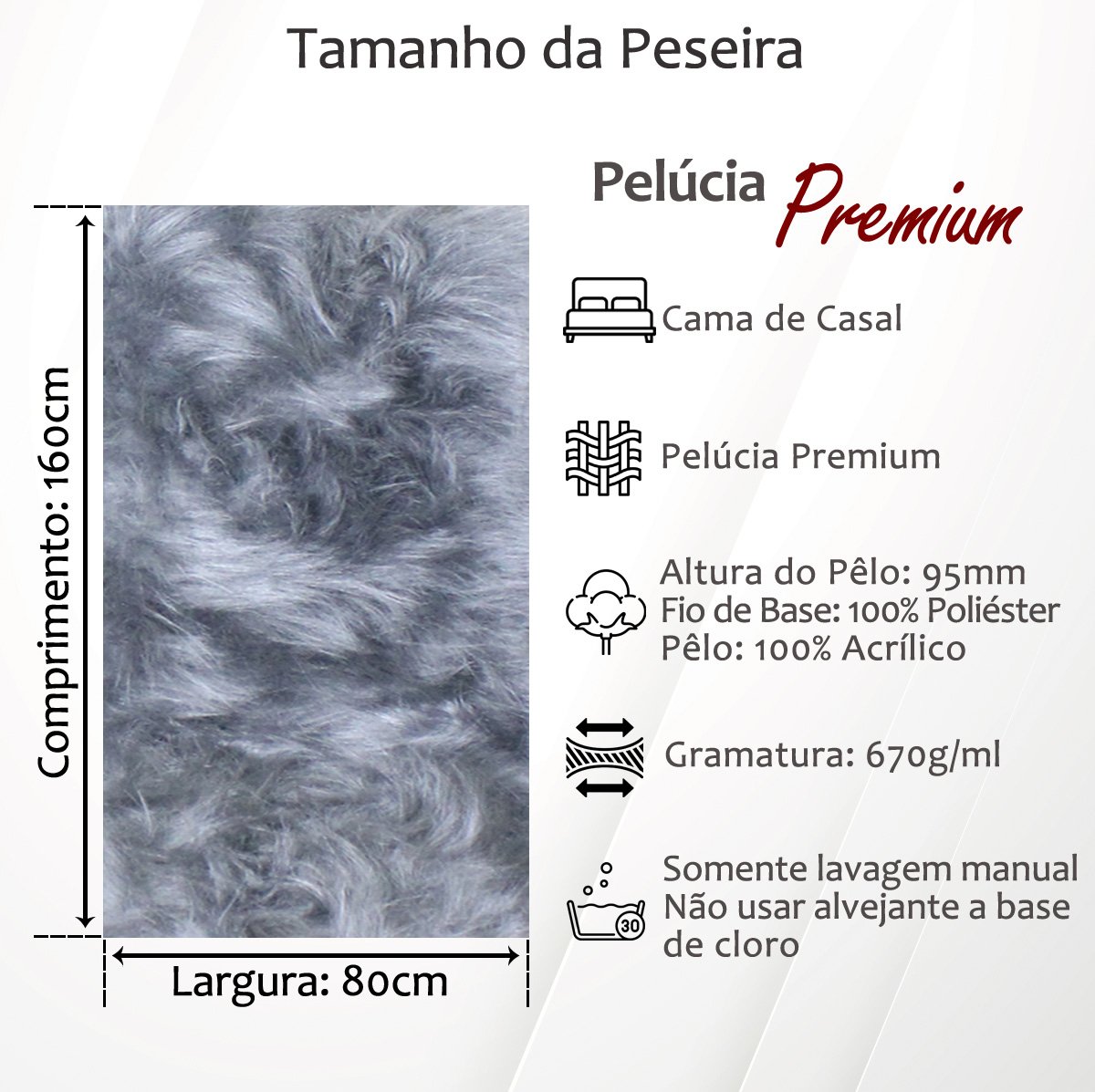 Peseira Premium Pelúcia Pelo Alto Para Cama Casal Comum 1,60mx80cm: Branco - 4