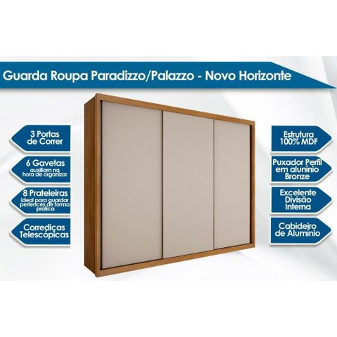 Guarda Roupas 3 Portas de Correr de e 6 Gavetas Paradizzo/palazzo Neve - Novo Horizonte