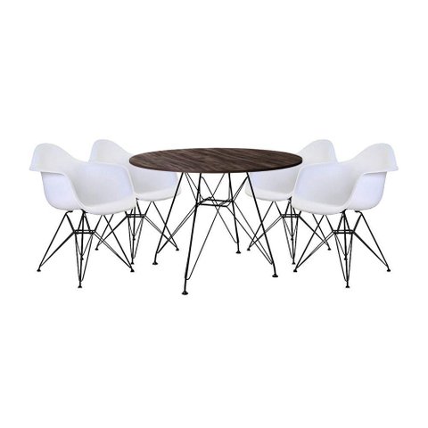 Conjunto Mesa de Jantar Redonda 90cm Amêndoa com 4 Poltronas Pretas Ferro Preto Marrom