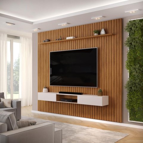 Painel com Bancada para Tv até 75 Polegadas Ripado Dj Móveis Trento 275 Freijó Off