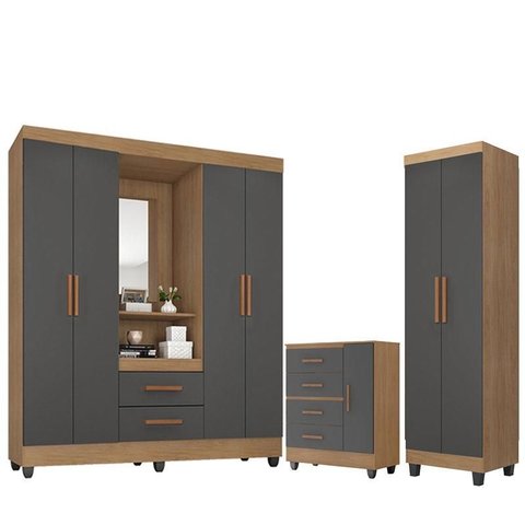 Guarda Roupa Casal Capela com Cômoda Lite 4 Gavetas 01 Porta e Armário Multiuso Lite Nature Cinza – 
