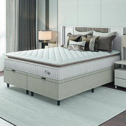 Cama Box Colchão Baú Casal Queen Molas Ensacadas City Pillow Top 158x198x64cm Branco / Bege Hellen - 1