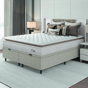Cama Box Colchão Baú Casal Queen Molas Ensacadas City Pillow Top 158x198x64cm Branco / Bege Hellen