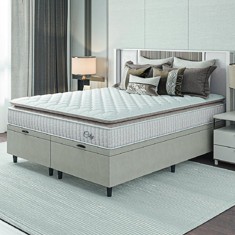 Cama Box Colchão Baú Casal Queen Molas Ensacadas City Pillow Top 158x198x64cm Branco / Bege Hellen Cama Box Colchão Baú Casal Queen Molas Ensacadas City Pillow Top 158x198x64cm Branco / Bege Hellen