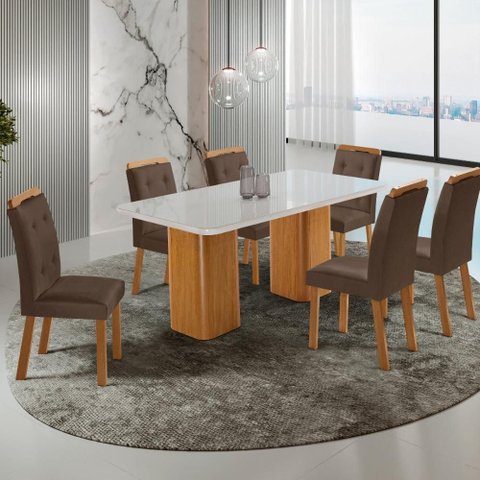 Conjunto Mesa de Jantar 180cm com 6 Cadeiras Estofadas Multimóveis Crrft-CON049 Madeirado/Off White