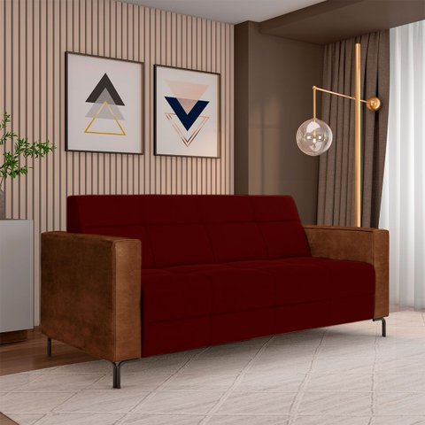 Sofá Living Decorativo Houston 2 Lugares 200cm Pés em Metal Veludo/ Pu Bordô/ Marrom G33 - Gran Belo