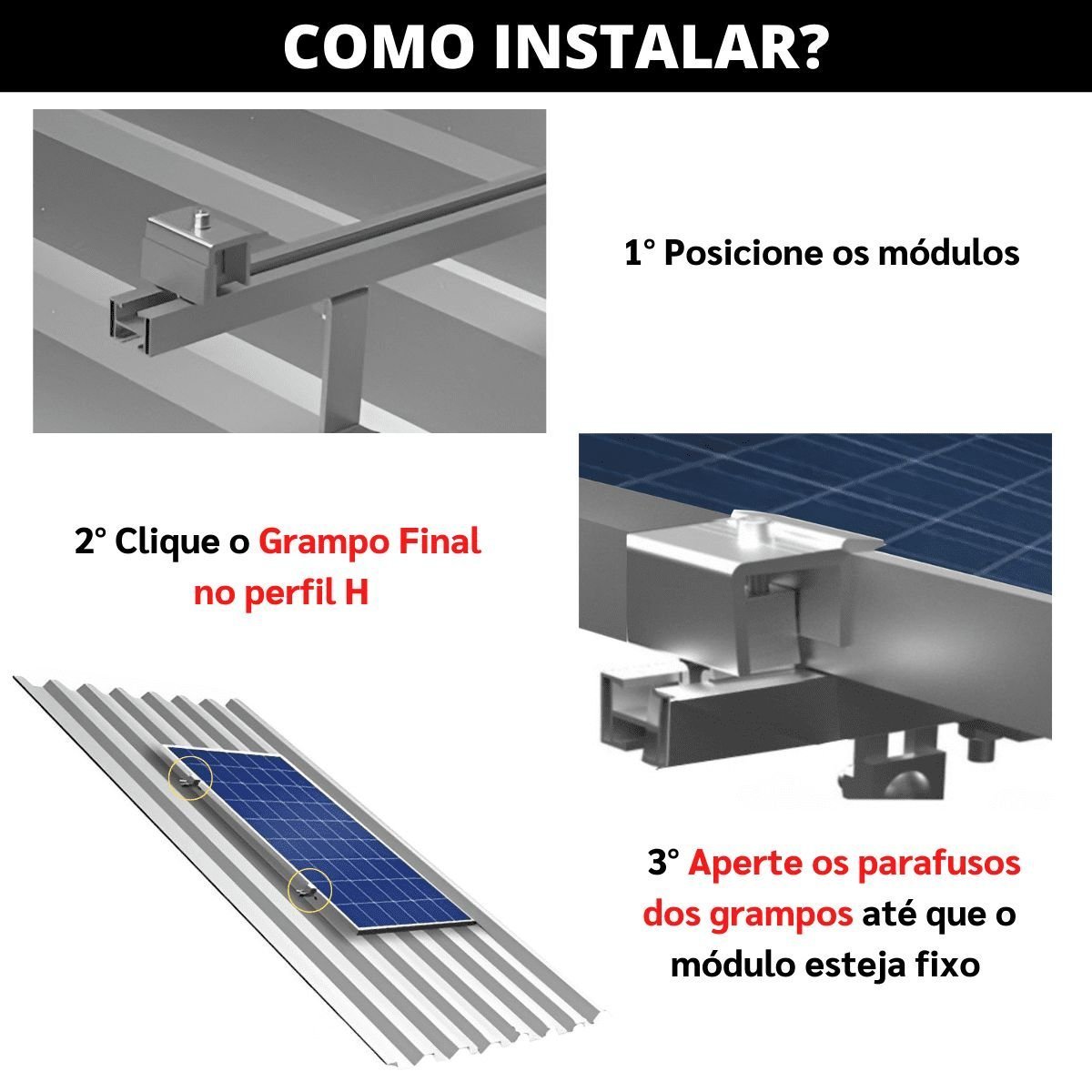 Kit Fixador Grampo Final e Intermediário Para 04 Placas Painel Solar Alumínio e Inox | Perfil Master - 4