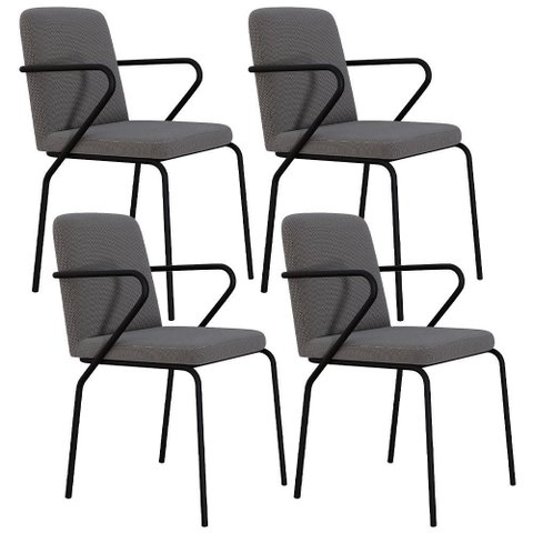 Kit 04 Cadeiras Estofada para Sala de Jantar com Braço Loft Preto C01 Linho Fendi Cinza - Lyam