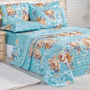 Kit Cobre Leito Casal Diamond Dupla Face Micropercal 200 Fios Estampado 3 Peças - Azul Turquesa