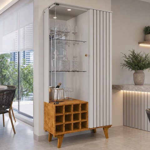 Cristaleira para Sala de Jantar com Adega 2 Portas Vidro Ripada Toscânia B02 Off White Naturalle -