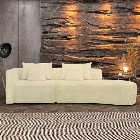 Sofá Curvo Decorativo Kimiko 287cm 2 Lugares Sala de Estar com Chaise Bouclê Off White G52 - Gran Be