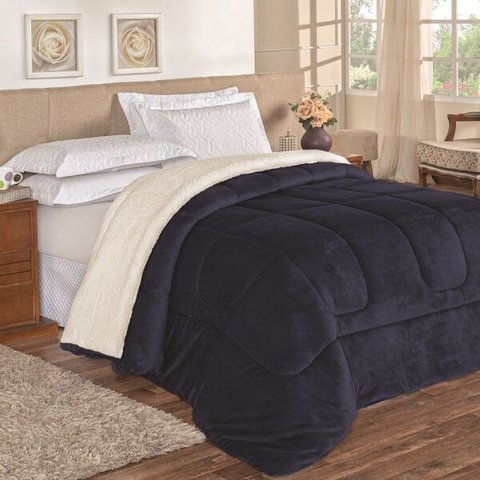 Coberdrom Apollo Solteiro Sherpa Manta Flannel Toque Lã de Carneiro 1 Peça - Azul Marinho