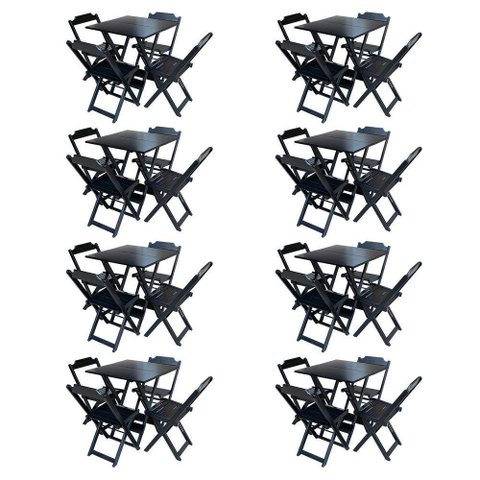 Kit 8 Conjuntos De Mesa Com 4 Cadeiras De Madeira Dobravel 70X70 Preto - Preto