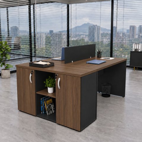 Conjunto Mesa Componível 2 Lugares 120x60cm + Armário Baixo Credenza para Escritório Corporativo