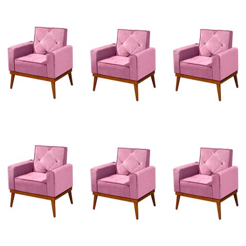 Kit 6 Poltronas Decorativa Florença Pés em Madeira Maciça Estofado Veludo - Rosa
