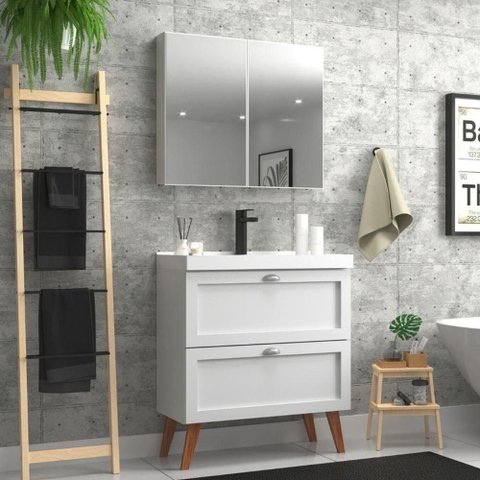 Gabinete para Banheiro com Cuba e Armario 80cm Retro Mdf Branco Milano - On Móveis