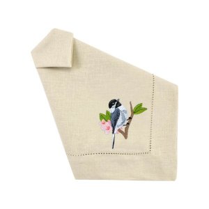 Guardanapo Linho Bege Ponto Ajour Bordado Passarinho Cinza 50x50 cm
