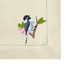 Guardanapo Linho Bege Ponto Ajour Bordado Passarinho Cinza 50x50 cm - 2
