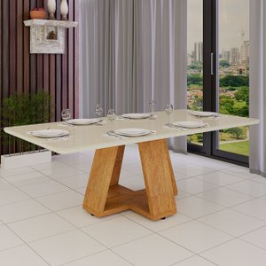 Mesa de Jantar 6 Lugares Retangular com Vidro Temperado Pés em Mdf Resistente:off White
