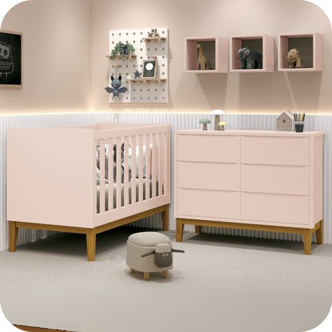 Quarto de Bebê Berço + Cômoda 6 Gvts Classic Pés em Madeira:rosa
