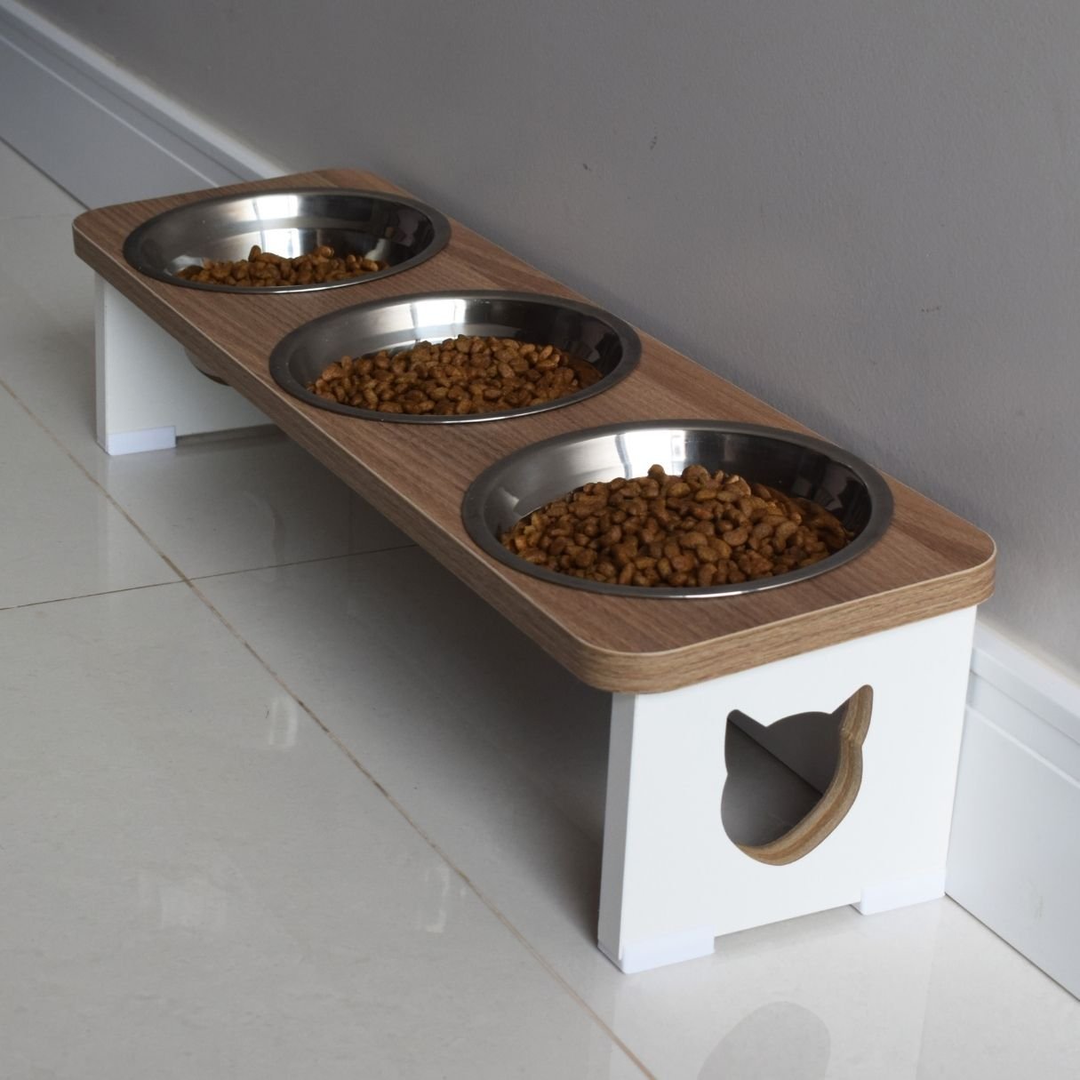 Comedouro Triplo Elevado Gato Pet Mdf - Inox